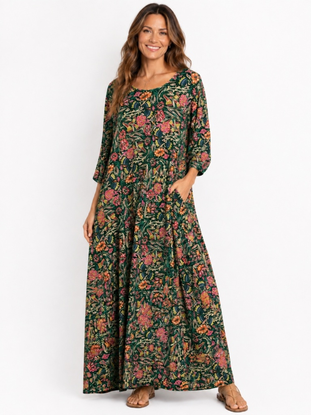 NWT Natural Life maxi dress XL florals A line 3/4 sleeves pockets cottage core
